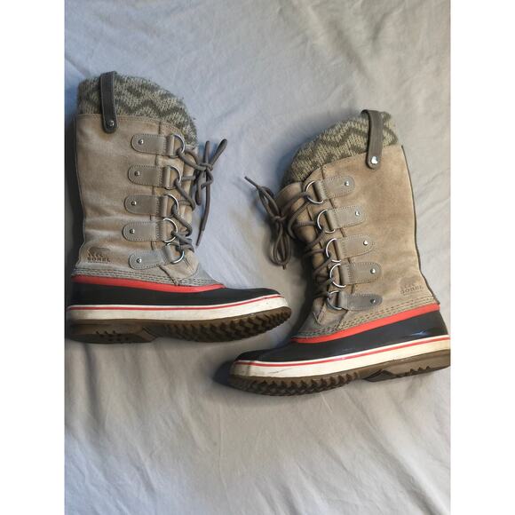 Sorel Joan of Arctic Waterproof Winter Knit Boot in Fossil Tan and Coral Accent - Picture 3 of 13